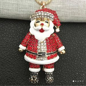NWT Santa Claus Rhinestone Christmas Pendant Necklace With Gold Chain.